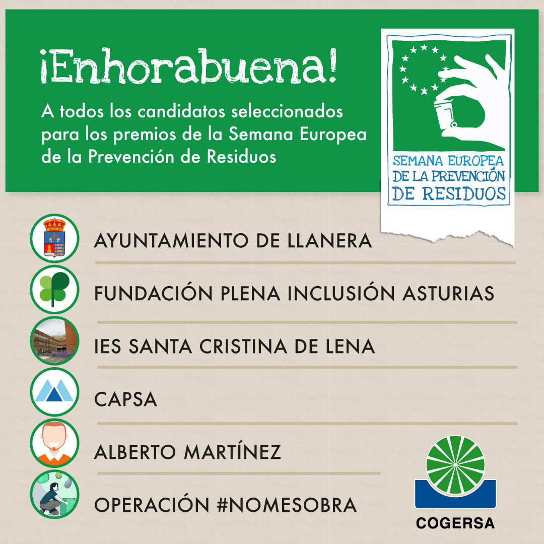 COGERSA ha seleccionado a los candidatos asturianos que representarán a Asturias en una nueva edición de los premios de la Semana Europea de la Prevención de Residuos (SEPR)